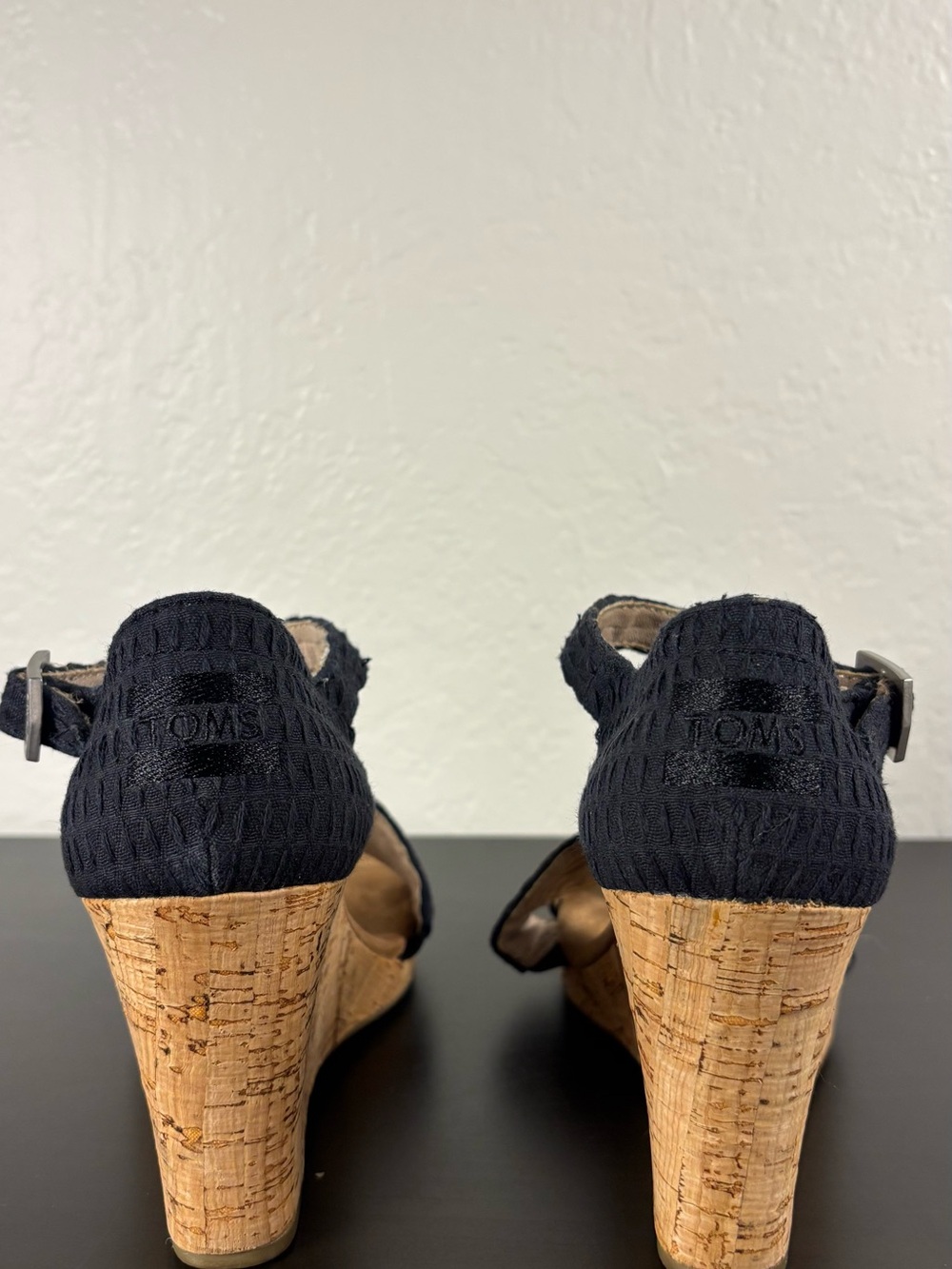 Toms Black Woven Canvas Cork Wedge Summer Spring Classy Sandals  Ankle Strap - Picture 6 of 13